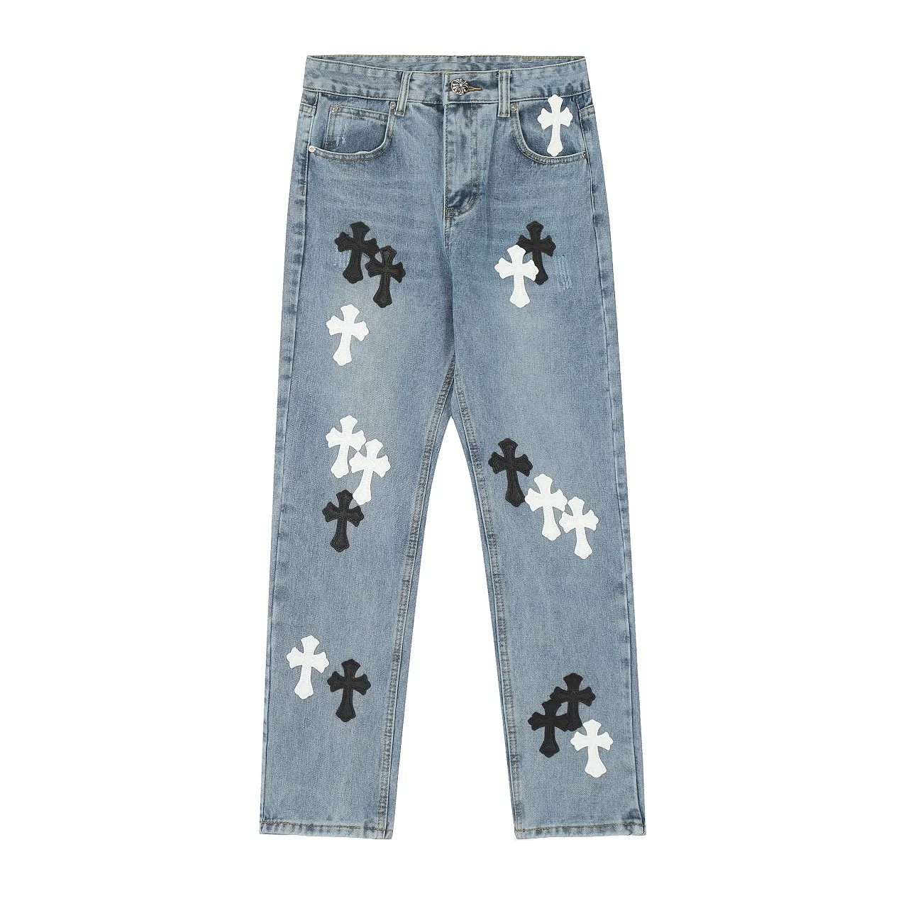 KE960 P230 The only correct leather label version on the market Chrome Hearts CH Cross embroidery distressed jeans Top ceiling quality 100% version correct version is here!  Believe me this must be the best quality you will ever come across! ! Excellent value for money! !  Styles with different washes and textures are very friendly to people with thin legs and thick legs. The straight version is very flattering to the shape of the legs. The moderate length is timeless and easy to match. It is the basis of various styles and a must-have in the wardrobe! ! Add a little stacking to make the atmosphere easy to control. The fabric is stiff but the upper body is soft without losing texture. The sides and cuffs of some styles have a bone-wash effect. It’s really hard not to love it!  ✅Correctly customize the Croxin metal leather label on the back panel. It is definitely not sold directly with the cross on the finished jeans. 1:1 copying strives for excellence and the details are perfectly grasped. ✅The cross leather label is clear and smooth. Exquisite turning top craftsmanship. ✅Buttons, zippers and hardware are all customized versions of the Croxin LOGO. ✅High-cost washing process. Size: 28 30 32 34 36
